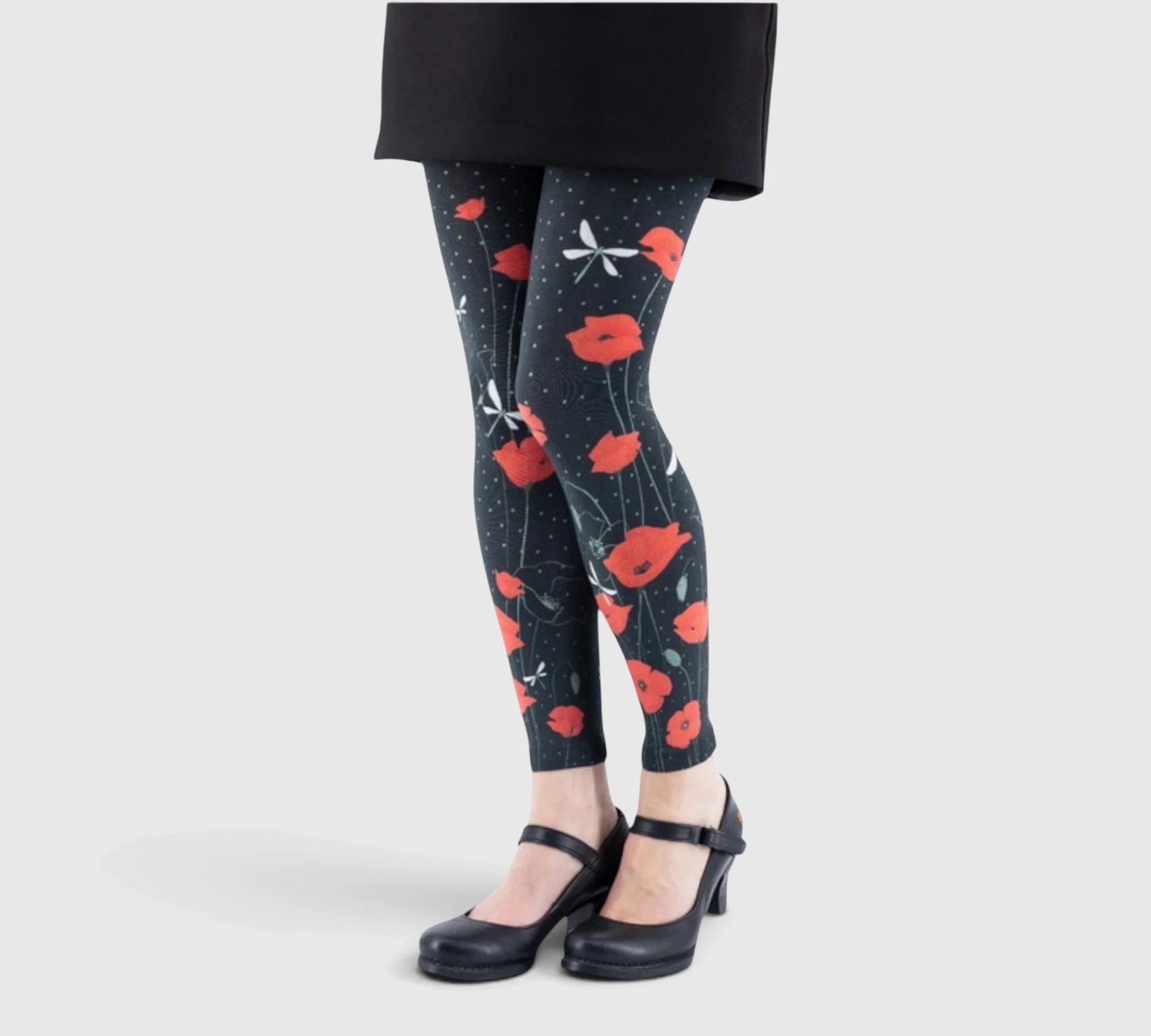 Legging fantaisie : coquelicots rouges et libellules
