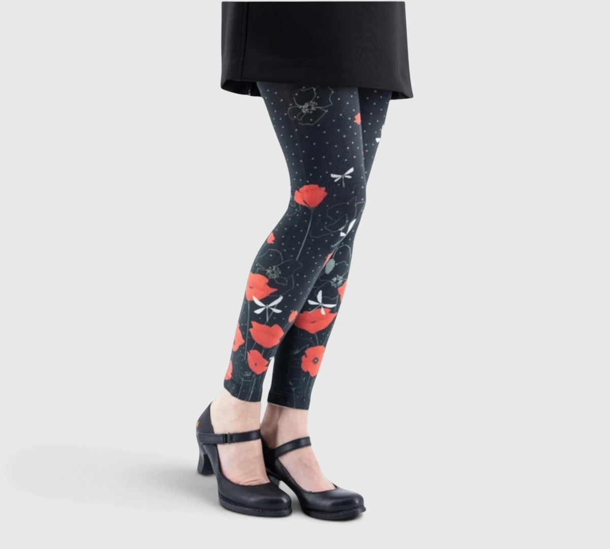 Legging fantaisie : coquelicots rouges et libellules