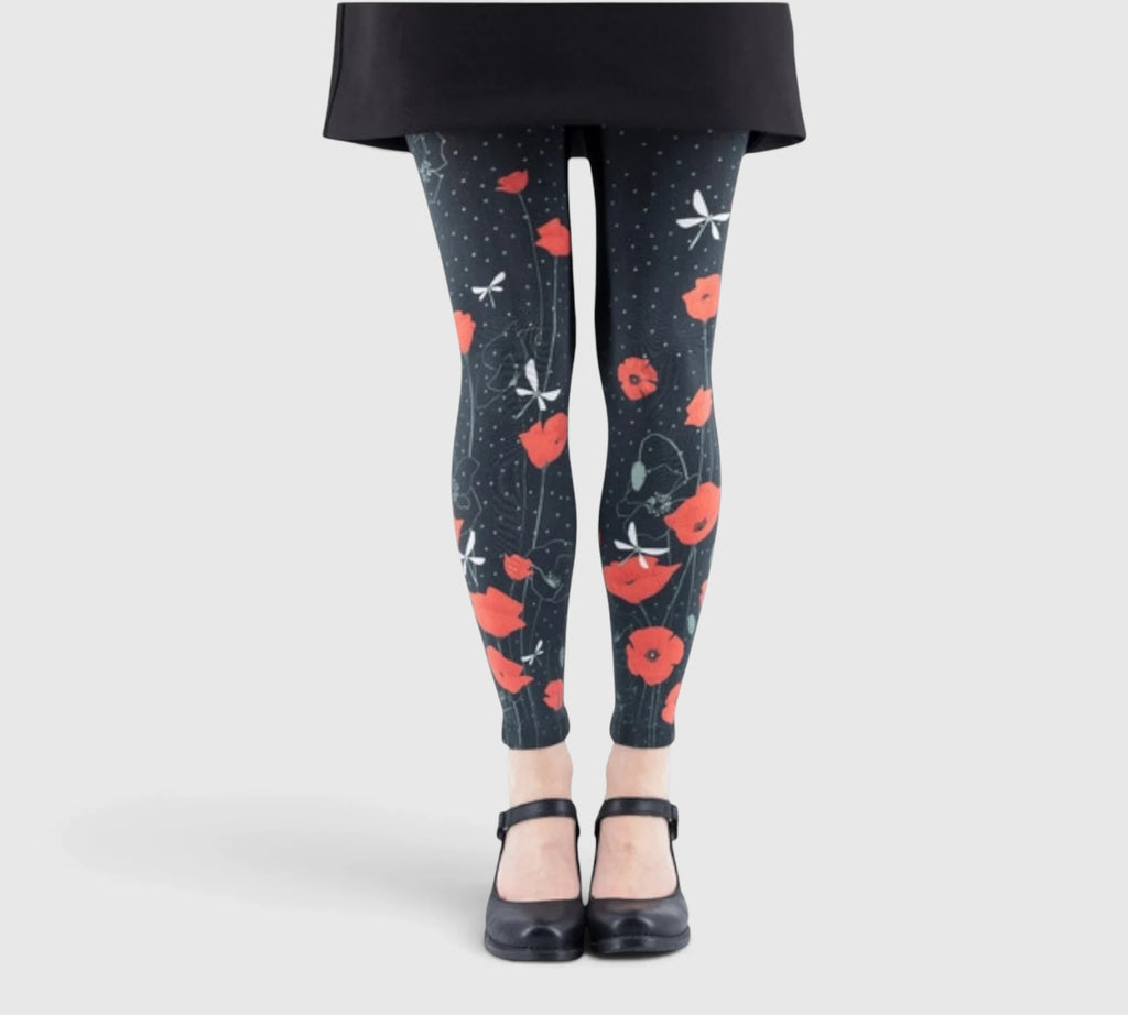 Legging fantaisie : coquelicots rouges et libellules