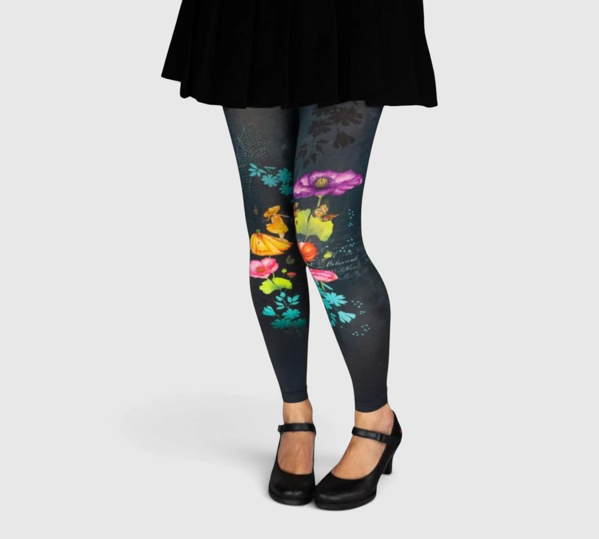 Legging noir motifs fleurs bucolique