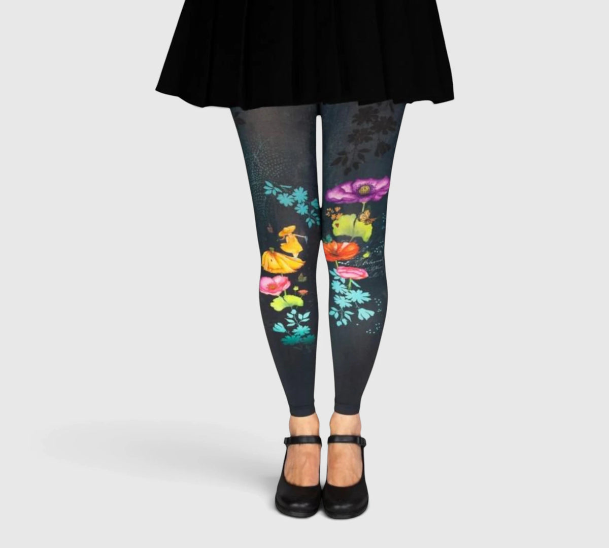 Legging noir motifs fleurs bucolique