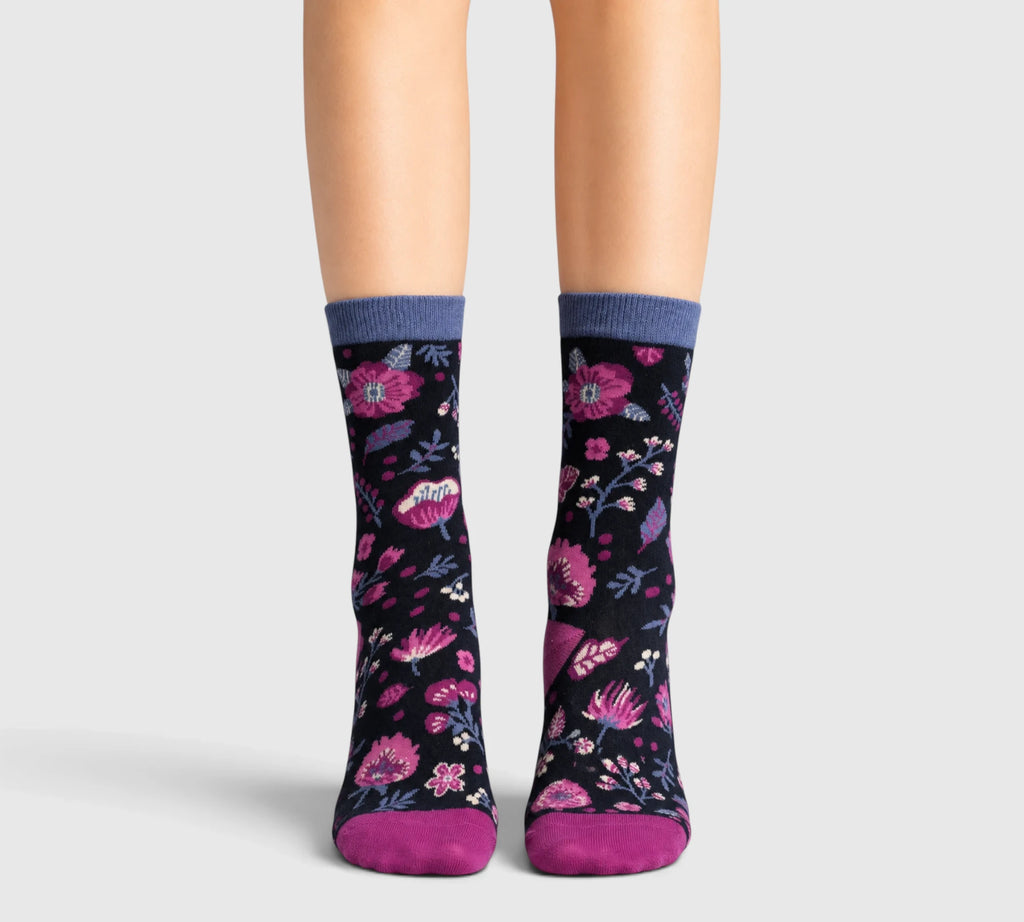 Chaussettes coton biologique fleurs prune et rose
