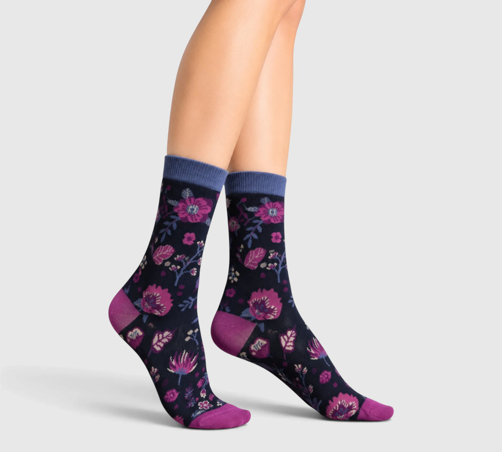 Chaussettes coton biologique fleurs prune et rose