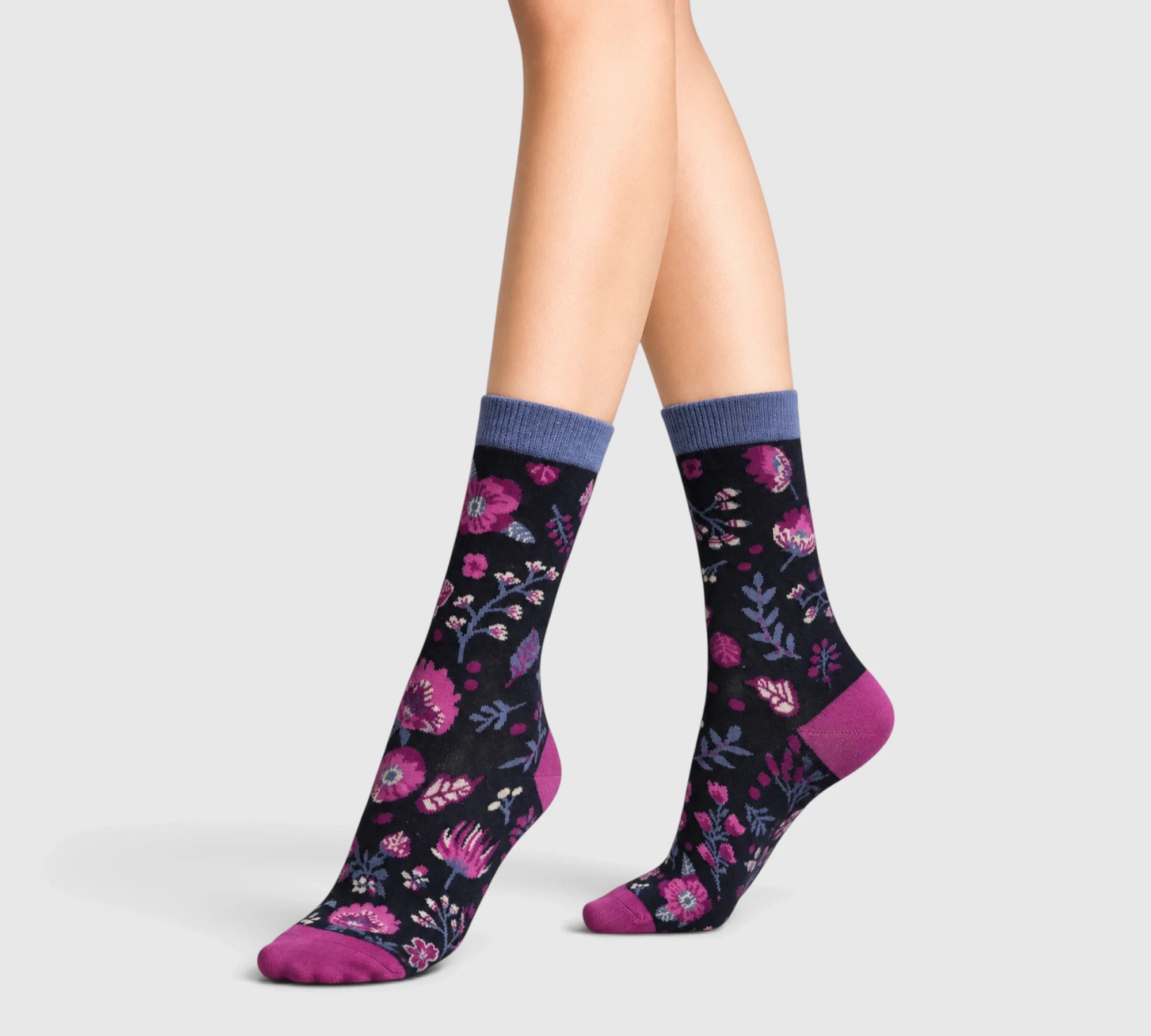 Chaussettes coton biologique fleurs prune et rose