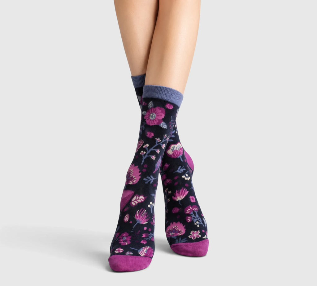Chaussettes coton biologique fleurs prune et rose