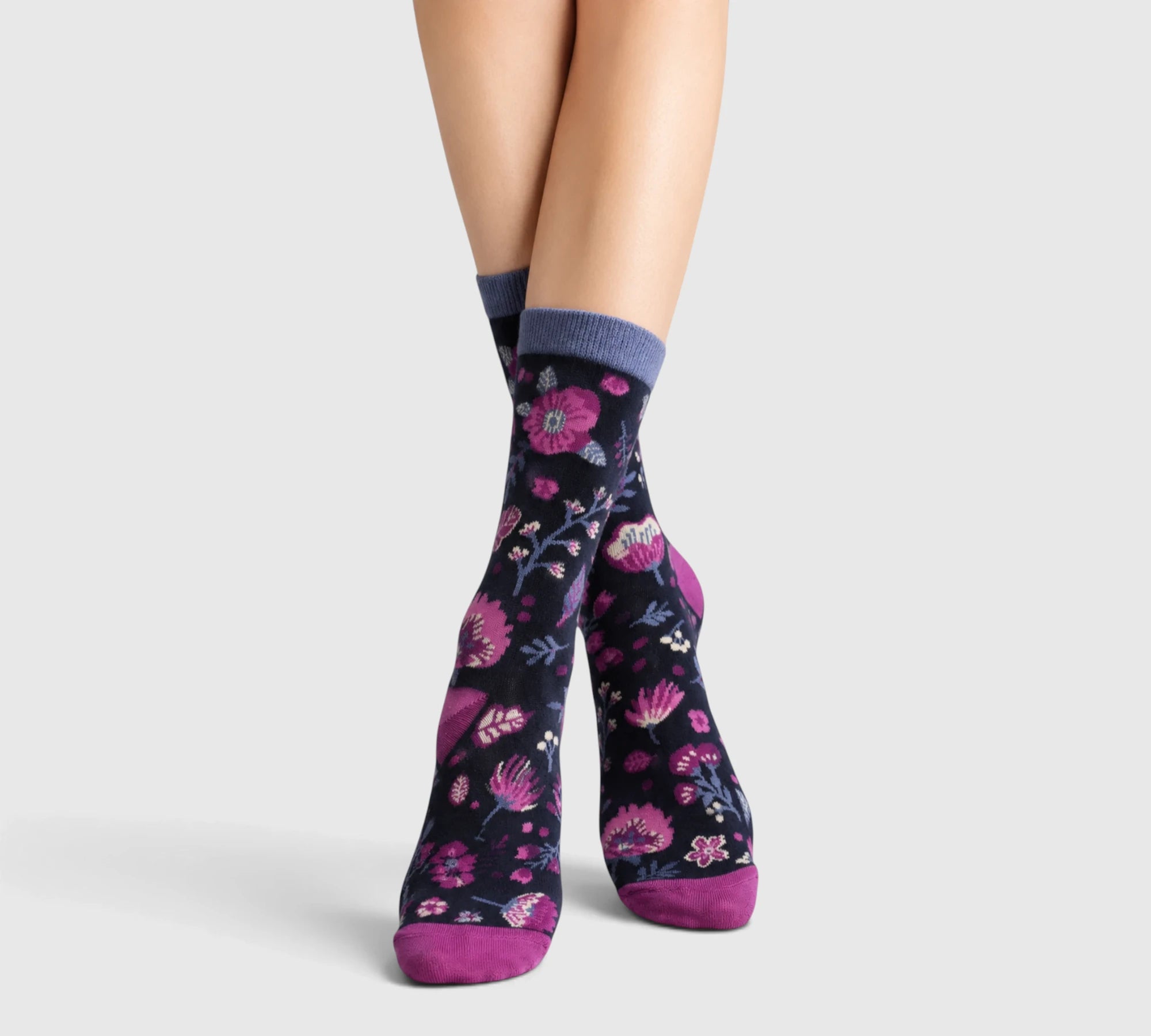 Chaussettes coton biologique fleurs prune et rose