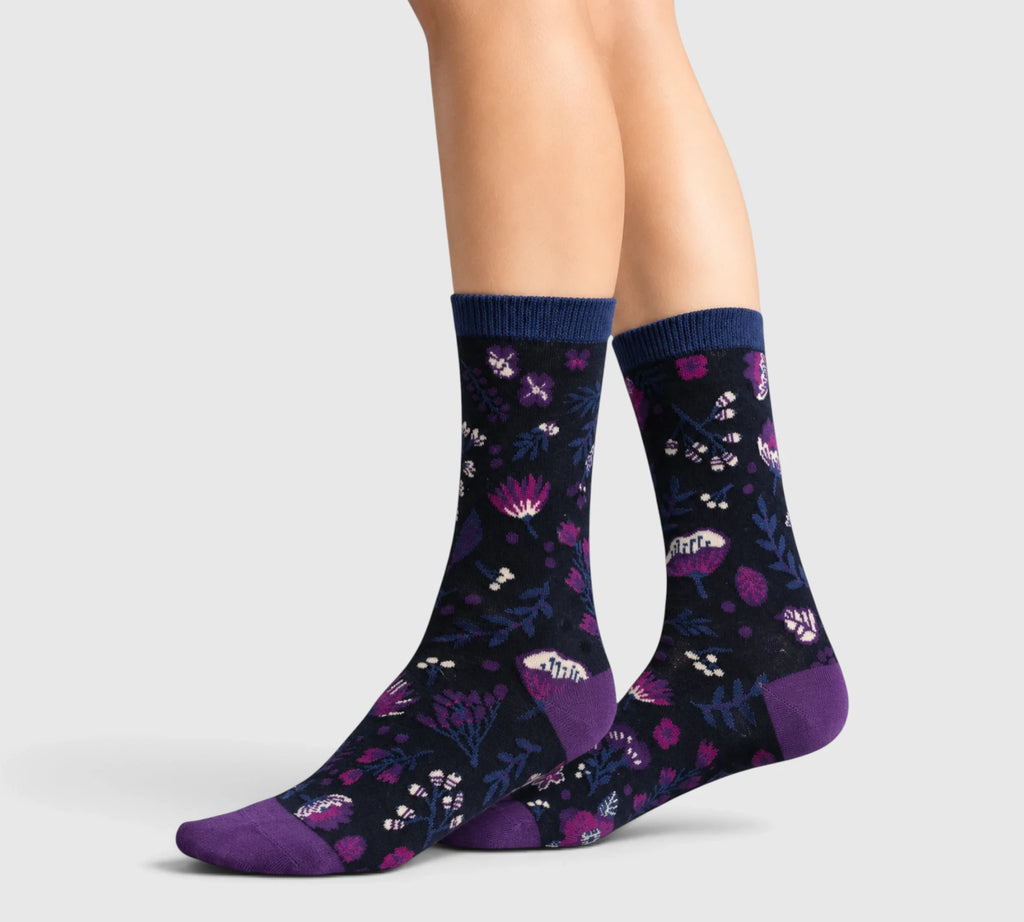 Chaussettes coton bio fleurs violettes femme