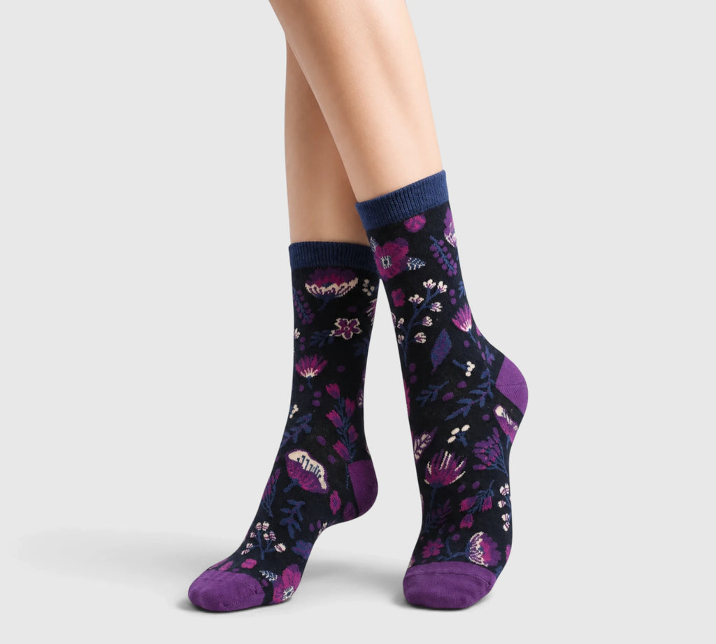 Chaussettes coton bio fleurs violettes femme