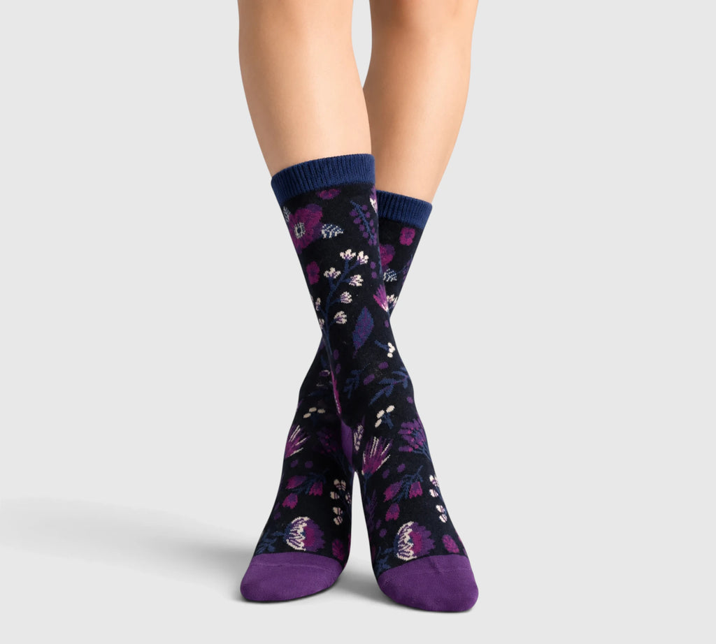 Chaussettes coton bio fleurs violettes femme